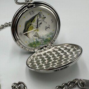 Al Agnew Pocket Watch Men Silver Tone Bass Fish Dial Chain Included New Battery